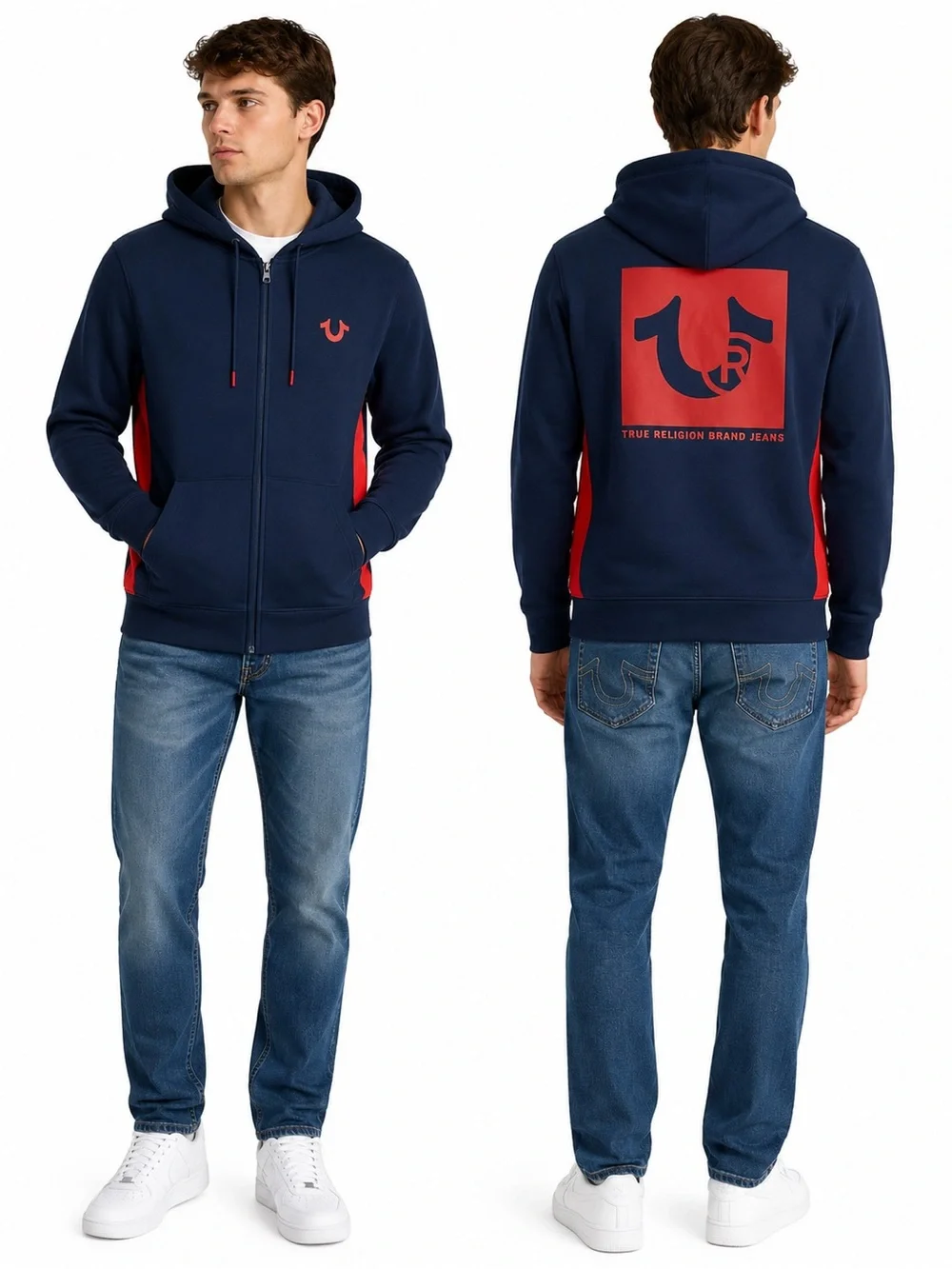 True Religion Navy & Red Zip-Up Men’s Hoodie, Size M